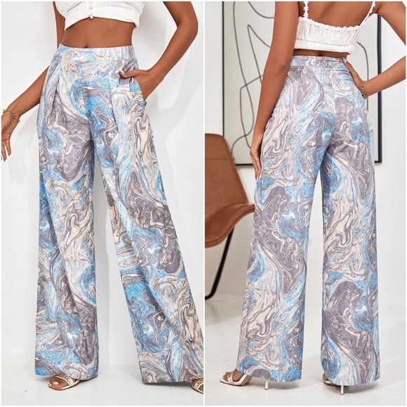 BellanBlue Pants - Boho Marble Print Wide leg Palazzo Pocket Pants